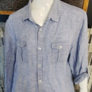 Murano Baird McNutt Shirt Men Sz L Linen Button Up Blue V-Neck long sleeve 0291